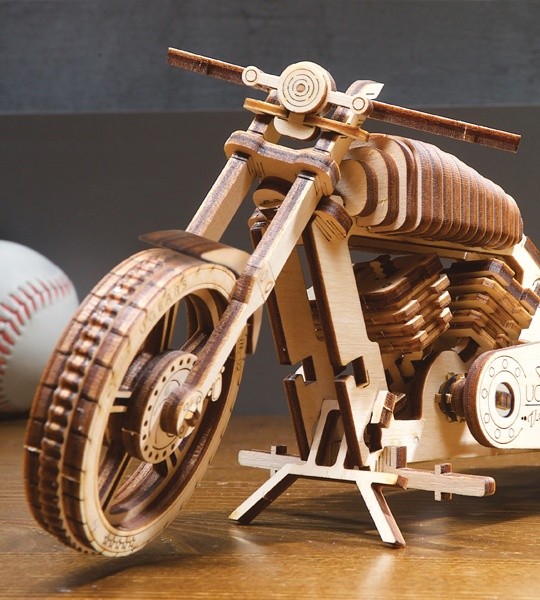 Ugears mechanical model kit Bike VM-02 and wooden 3D puzzle. Self-propelled motorbike and motorcycle for self-assembly. Original gift for boys and girls and smart hobby for grown-ups.