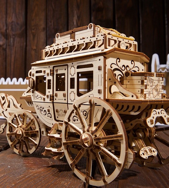 Ugears mechanical model kit Stagecoach and wooden 3D puzzle. Construction set and self-propelled carriage with West World spirit. Original gift for boys and girls and smart hobby for grown-ups.